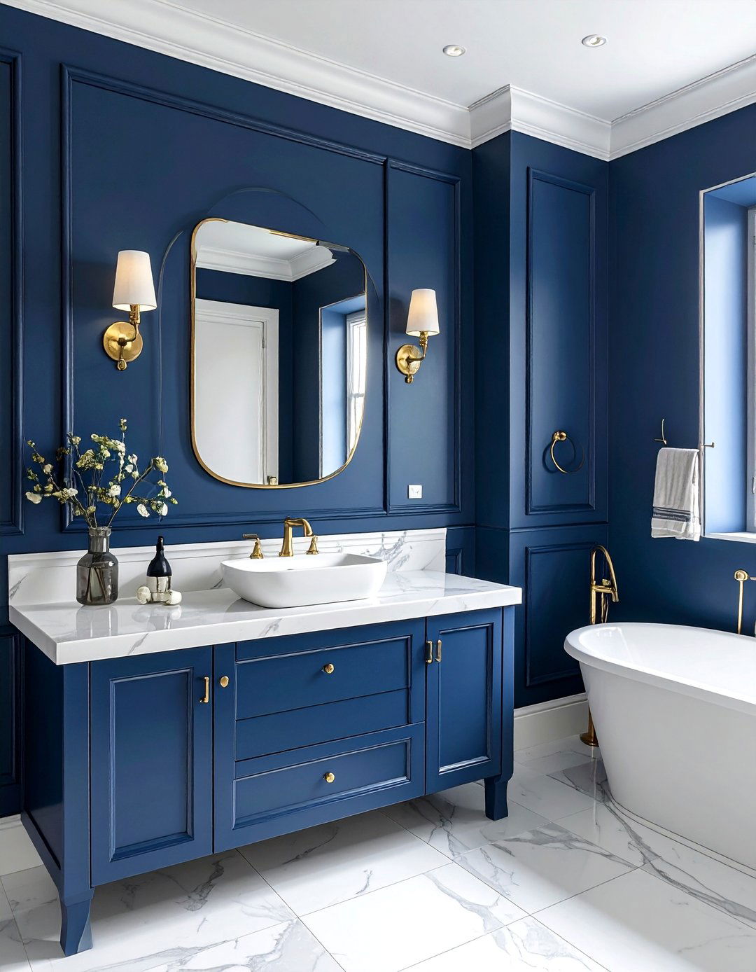 Navy Painted Walls with Brass Hardware - 15 Navy Blue Powder Room Ideas for a Chic Space