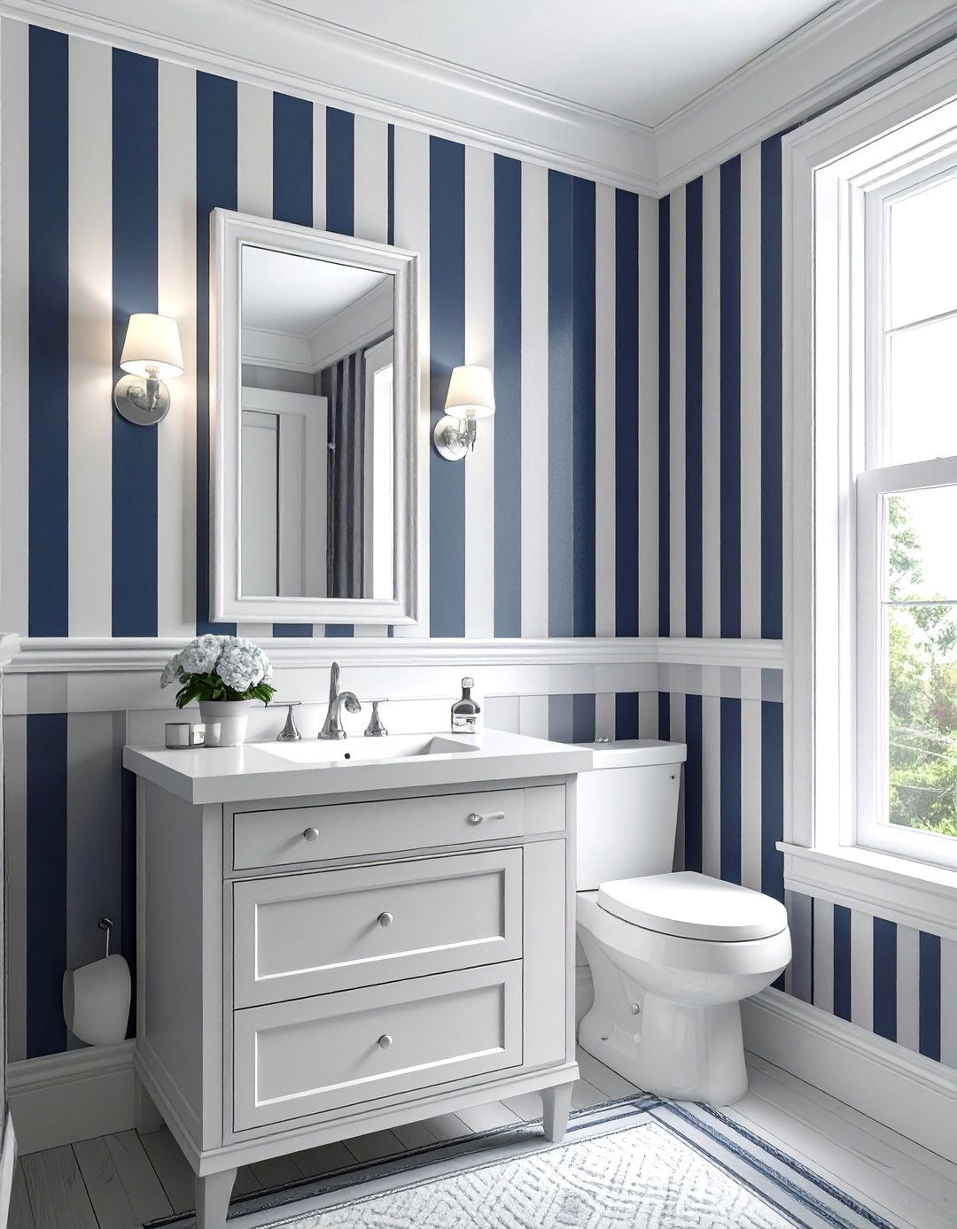 Navy Striped Wallpaper Accent - 15 Navy Blue Powder Room Ideas for a Chic Space