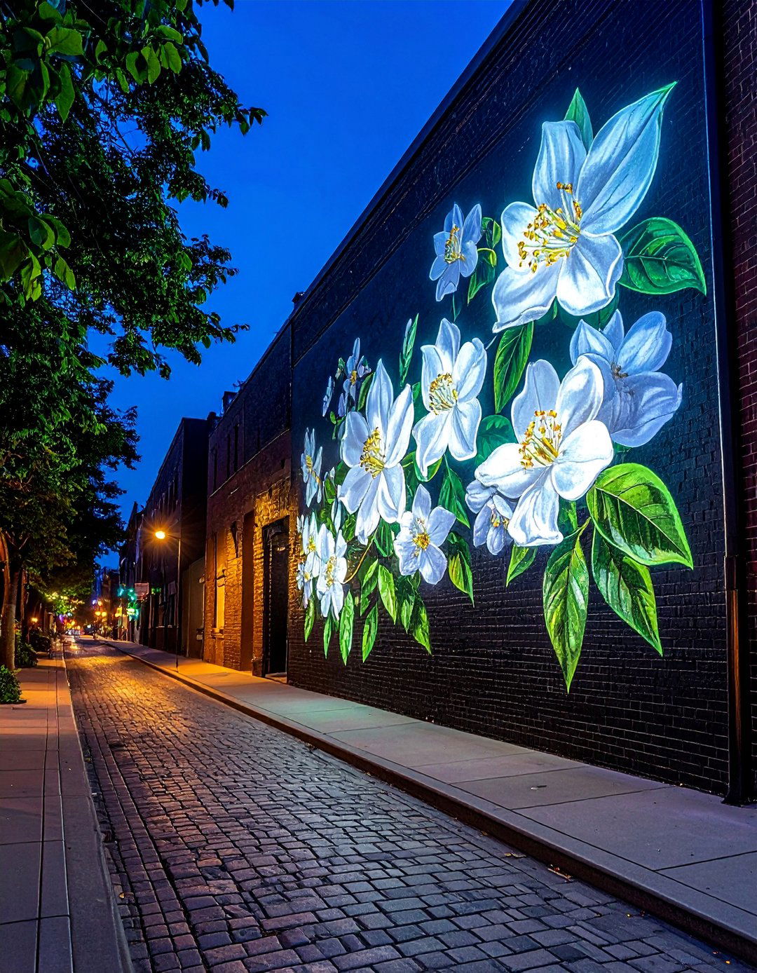 Night Blooming Jasmine Flower Mural with Glow in the Dark Paint - 15 Flower Murals on Buildings Ideas for Urban Beauty