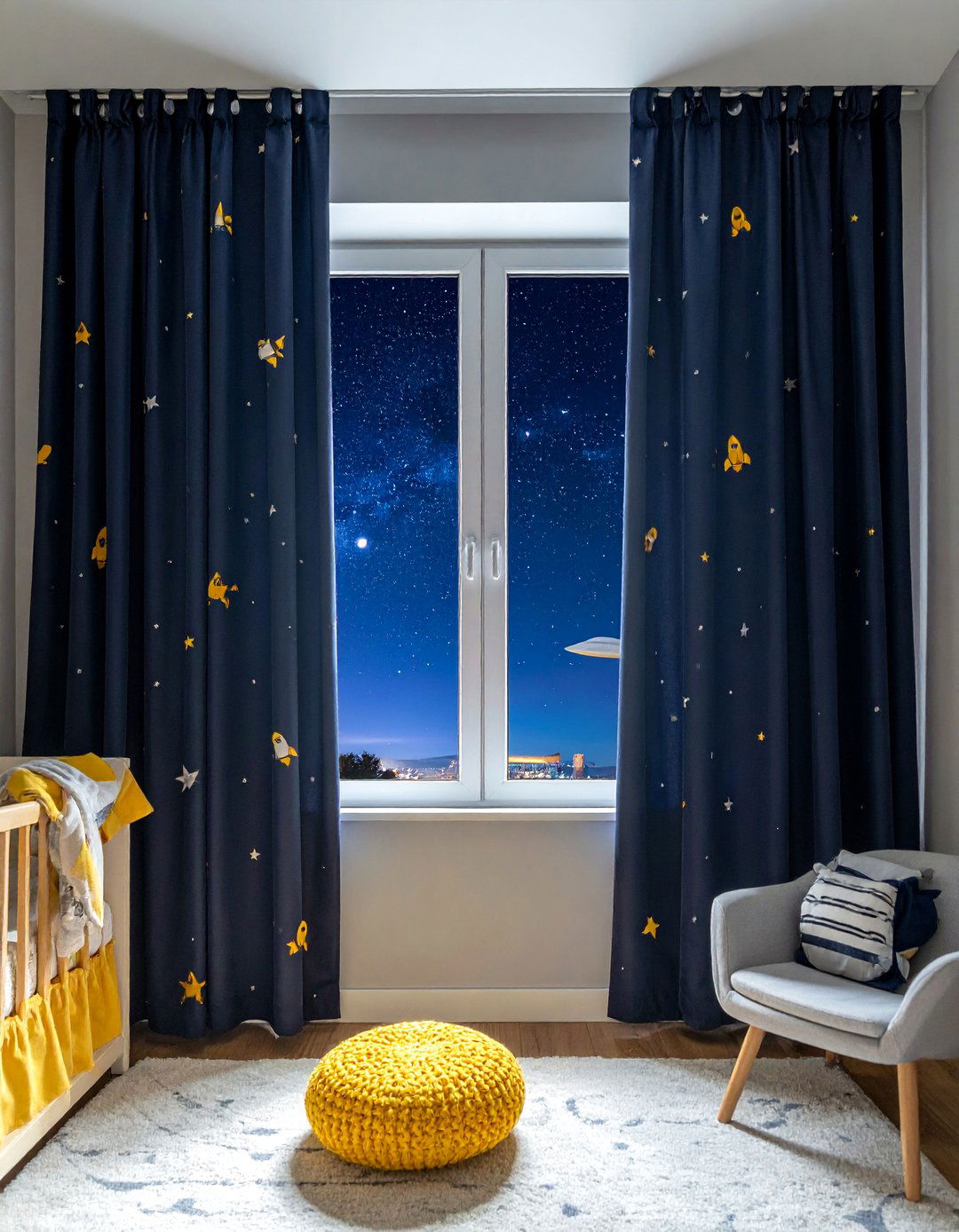 Nursery with Cosmic Themed Curtains - 20 Space-themed Nursery Ideas for a Galactic Adventure
