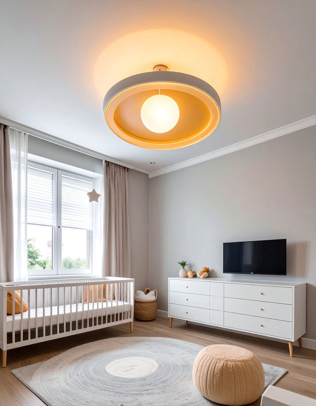 Nursery with a Saturn Shaped Ceiling Lamp - 20 Space-themed Nursery Ideas for a Galactic Adventure