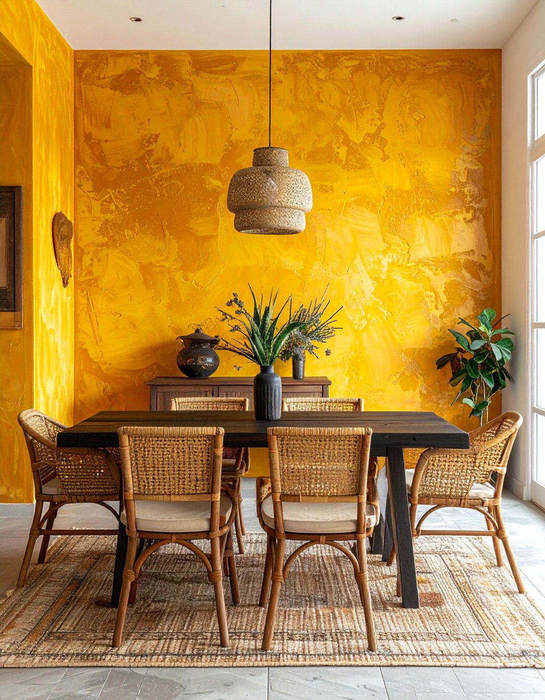 Ochre Yellow Textured Wall Finish - 20 Yellow Dining Room Ideas for a Bright and Cheerful Space