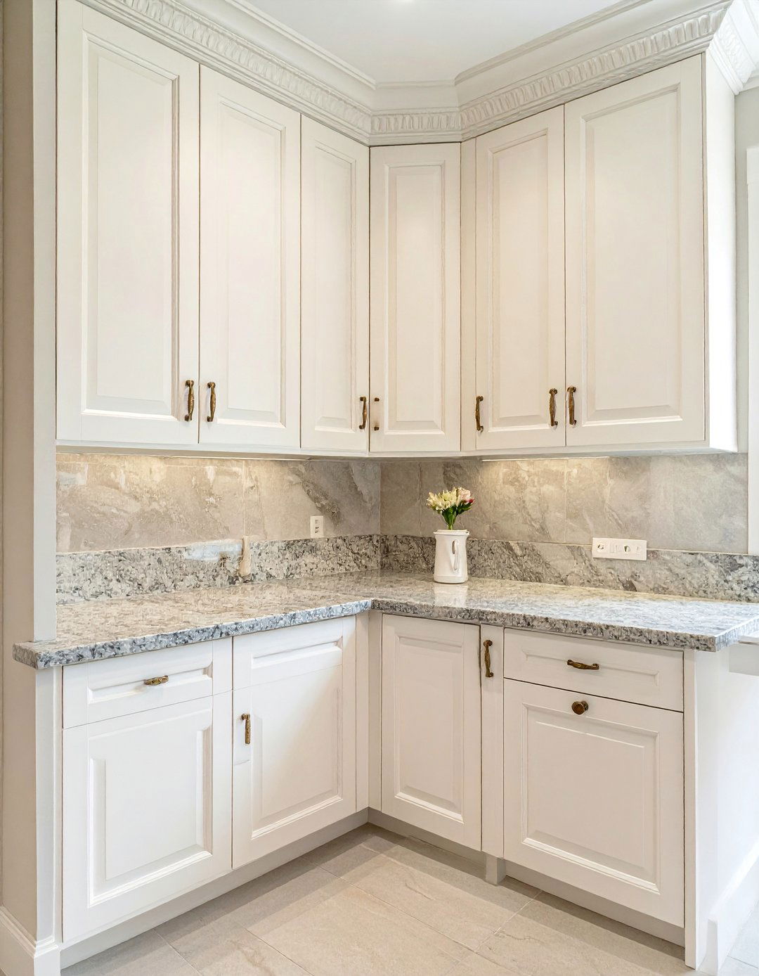 Off white Cabinets Featuring Ornate Molding - 15 Off-white Kitchen Cabinets for a Timeless Look