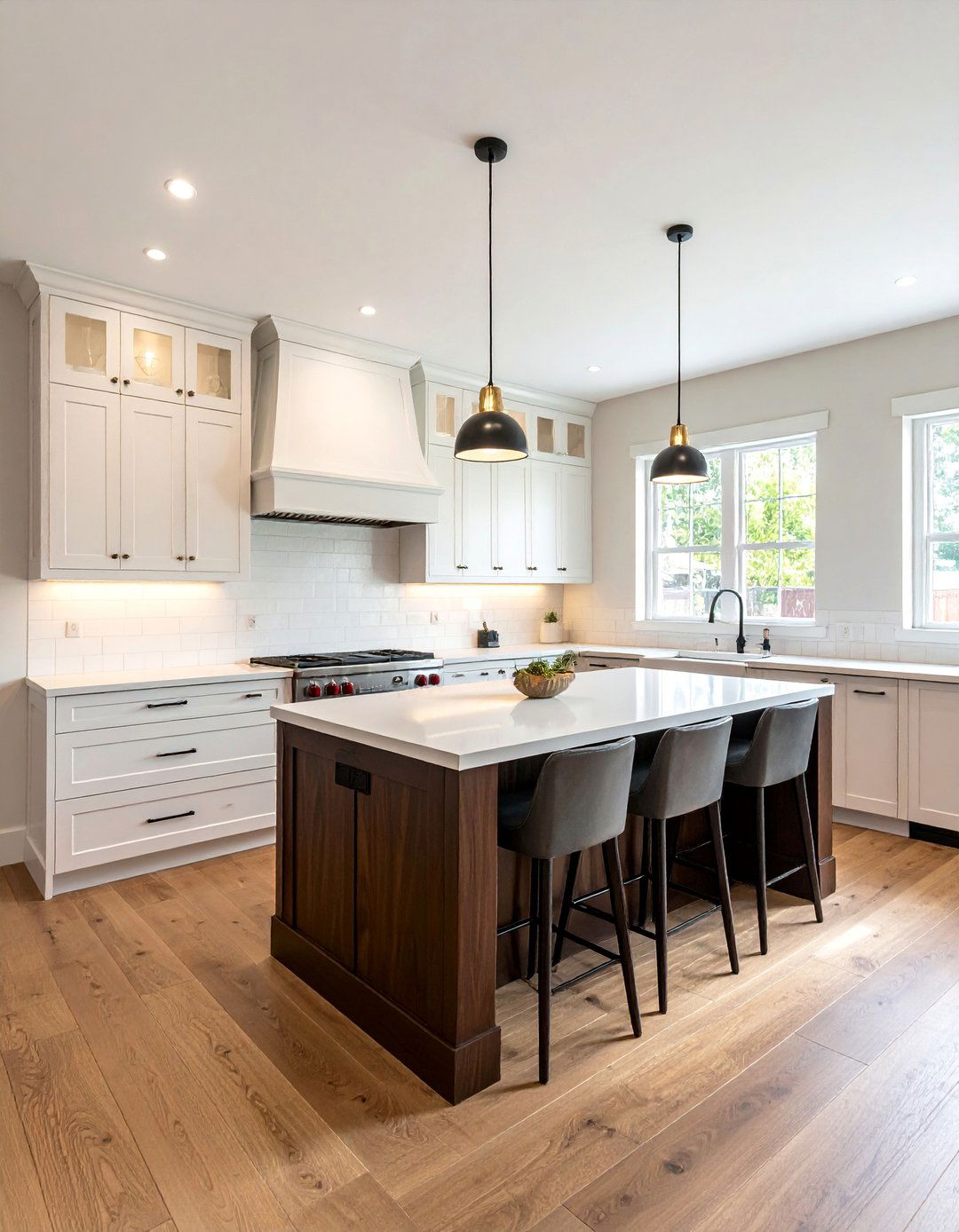 Off white Cabinets with a Dark Wood Kitchen Island - 15 Off-white Kitchen Cabinets for a Timeless Look
