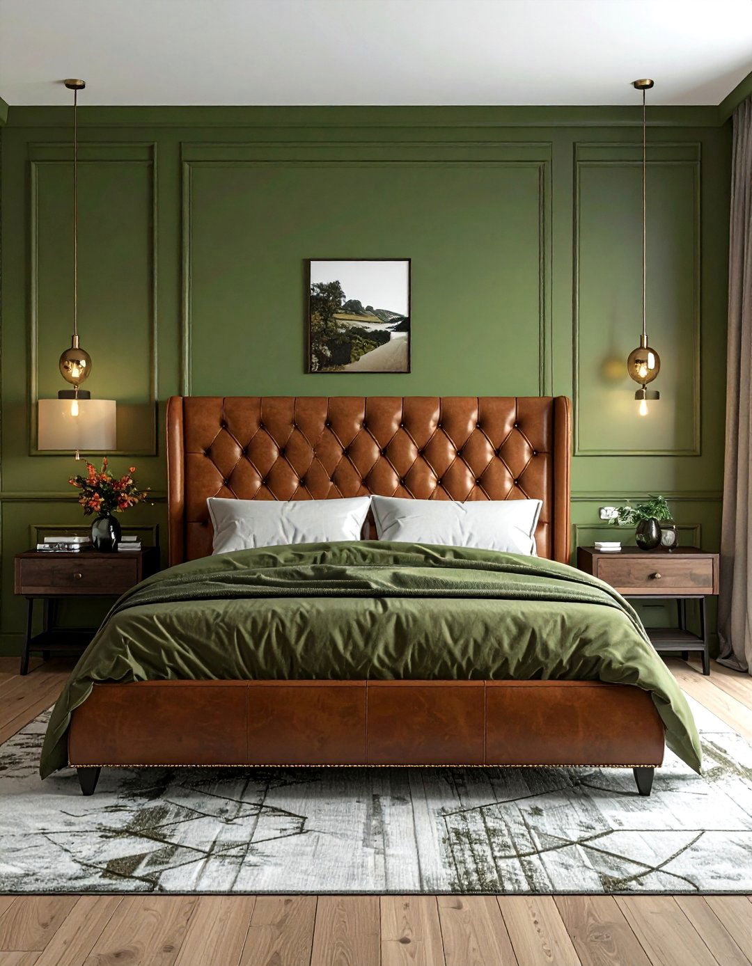 Olive Green Accent Wall with a Brown Leather Headboard - 20 Green and Brown Bedroom Ideas for a Natural Look