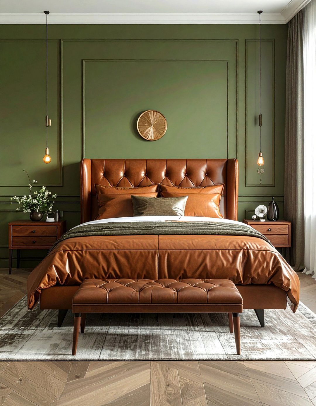 Olive Green Bedroom with Leather Accents - 25 Olive Green Bedroom Ideas for a Sophisticated Look