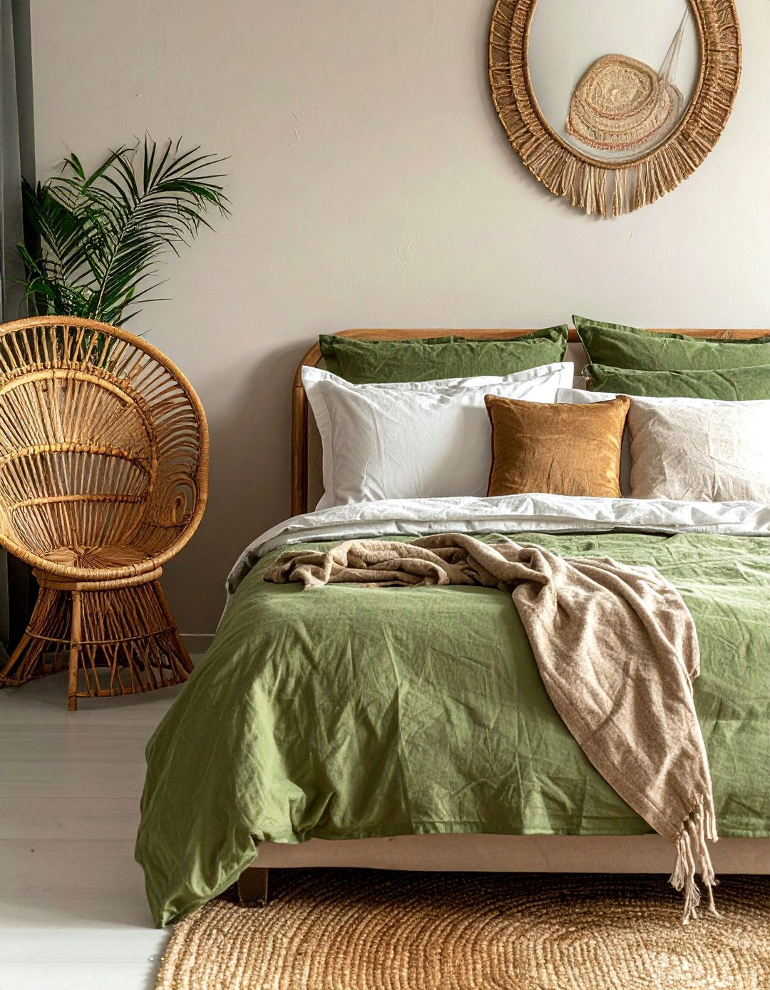 Olive Green Bedspread with Woven Rattan Furniture - 20 Green and Brown Bedroom Ideas for a Natural Look