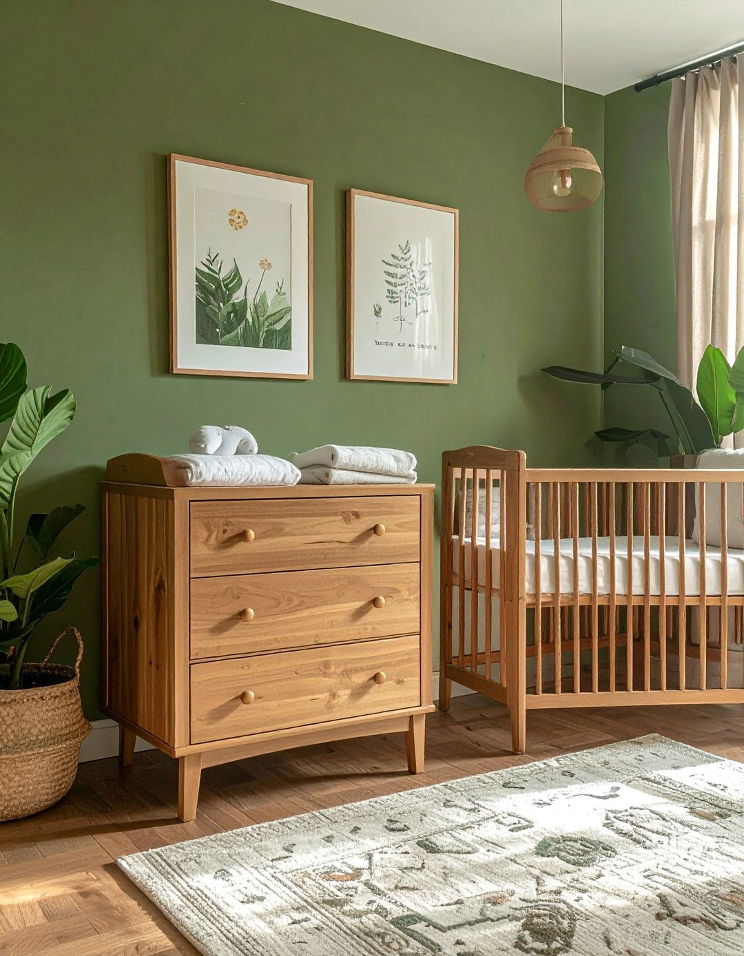 Olive Green Nursery with Natural Wood Furniture - 25 Green Nursery Ideas for a Calming and Natural Space