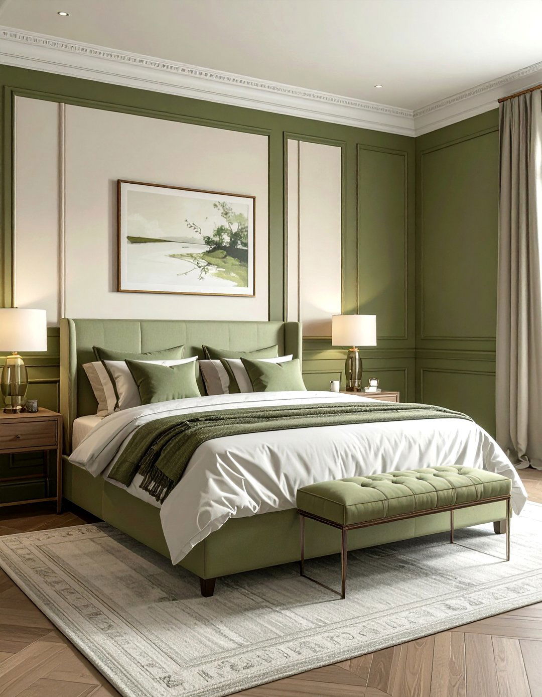 Olive Green Wainscoting for a Classic Look - 25 Olive Green Bedroom Ideas for a Sophisticated Look