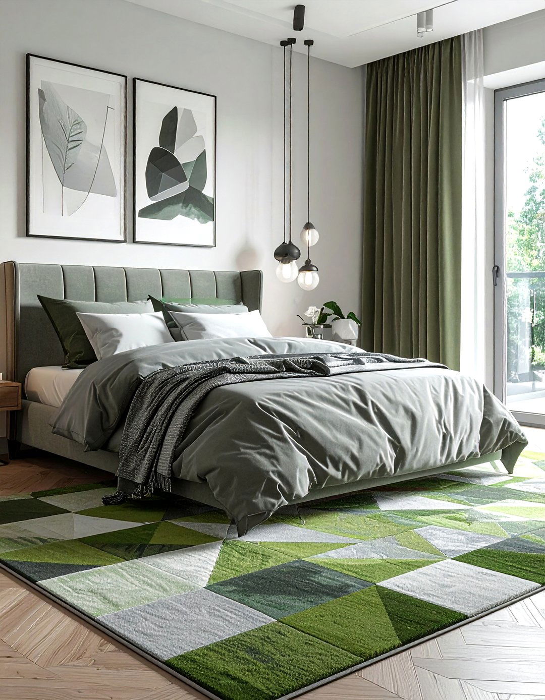 Olive Green and Grey Geometric Rug - 20 Green and Grey Bedroom Ideas for a Serene Retreat
