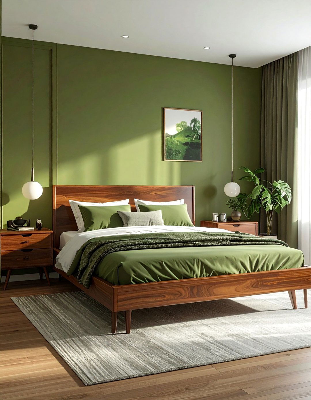 Olive Green and Walnut Wood Furniture - 25 Olive Green Bedroom Ideas for a Sophisticated Look