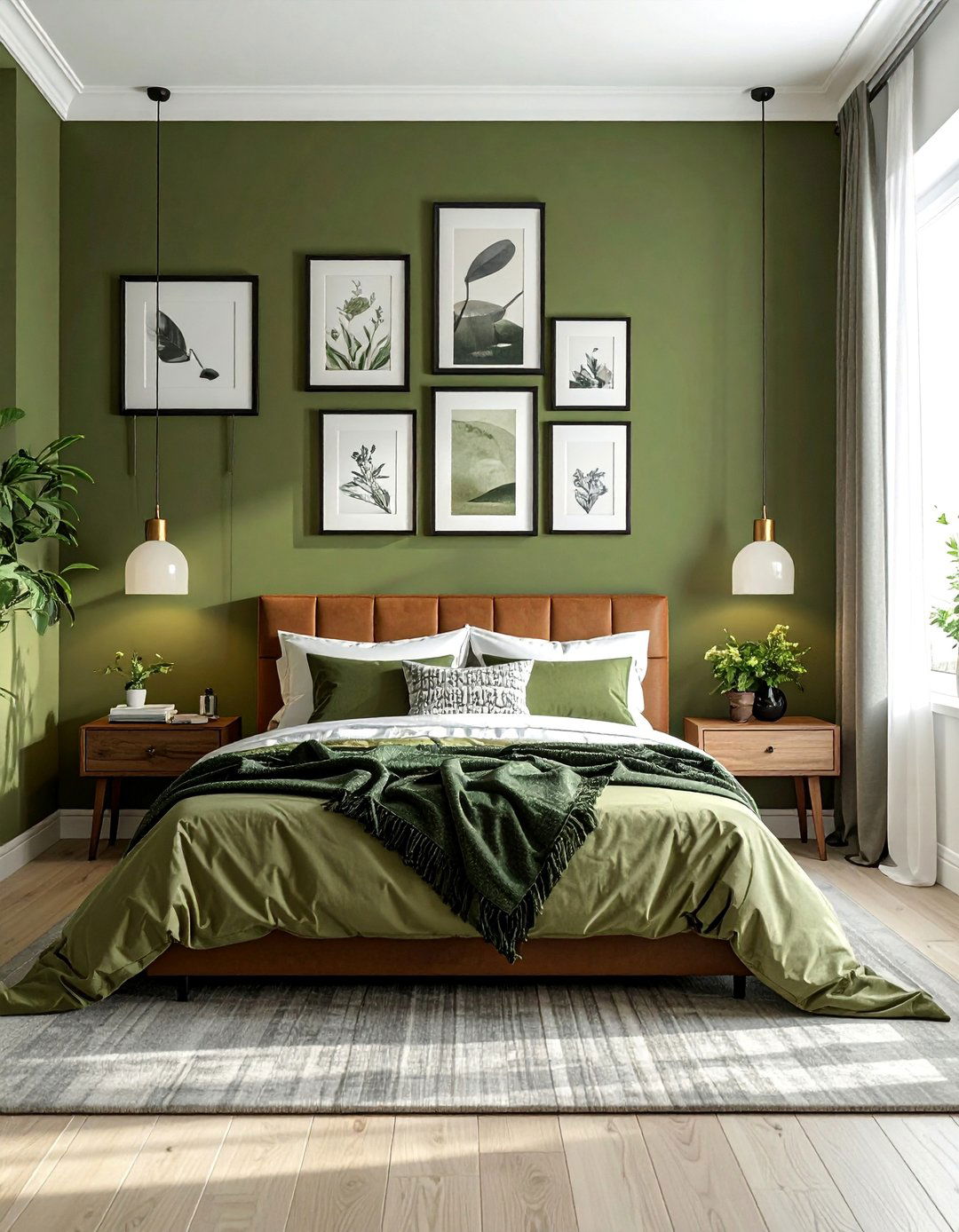 Olive Green with a Gallery Wall - 25 Olive Green Bedroom Ideas for a Sophisticated Look