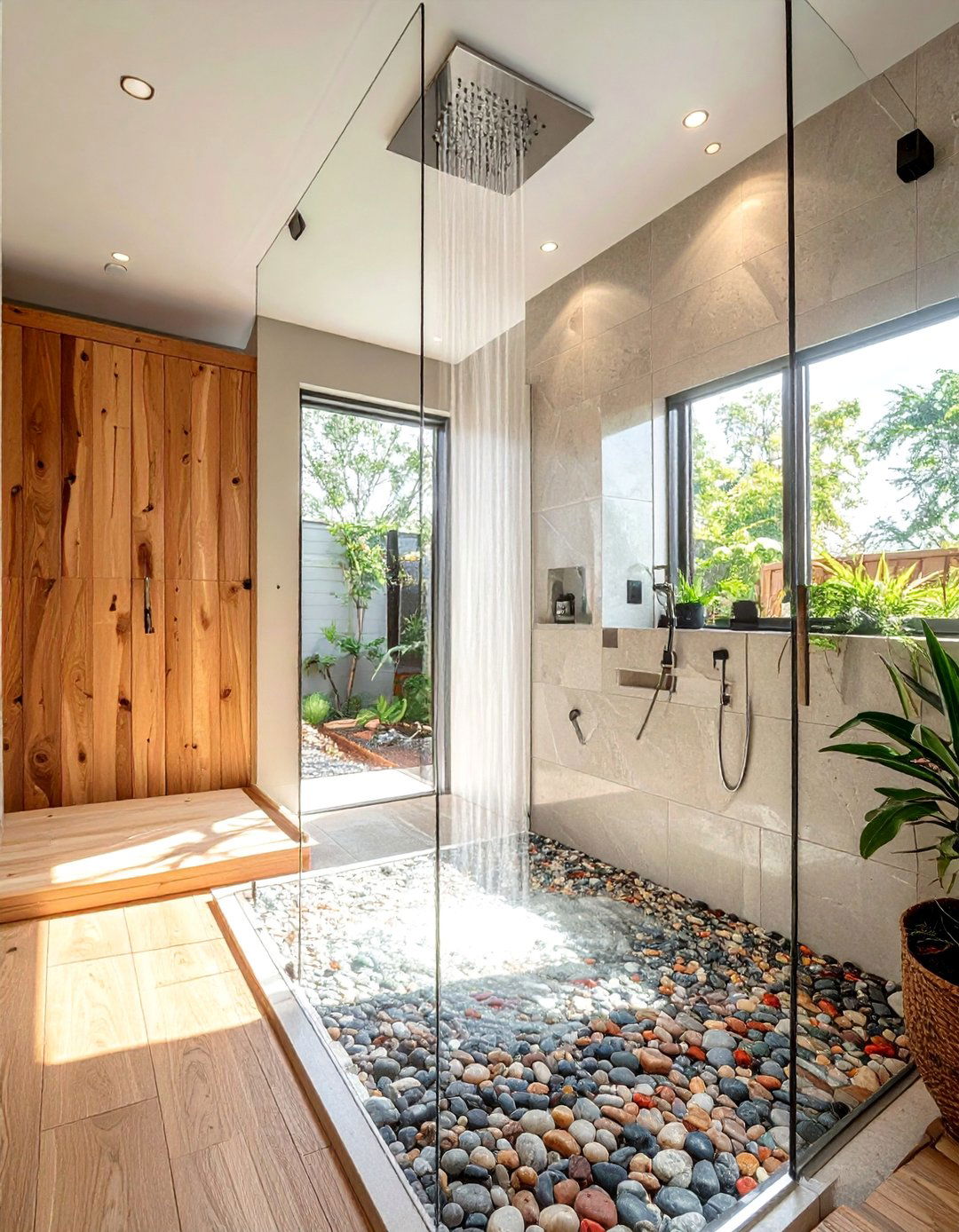 Open Concept Rustic Shower with a Pebble Stone Floor - 25 Rustic Walk-in Shower Ideas for a Cozy Bathroom