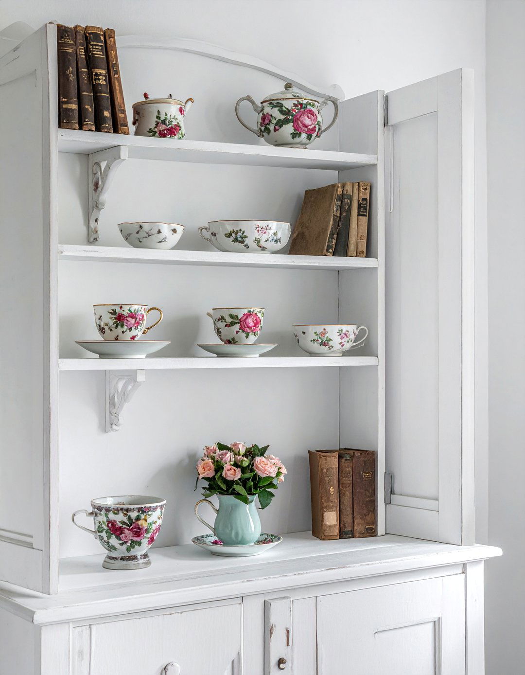 Open Shelving with Vintage China for a Shabby Chic Bedroom - 20 Shabby Chic Bedroom Ideas for Timeless Elegance