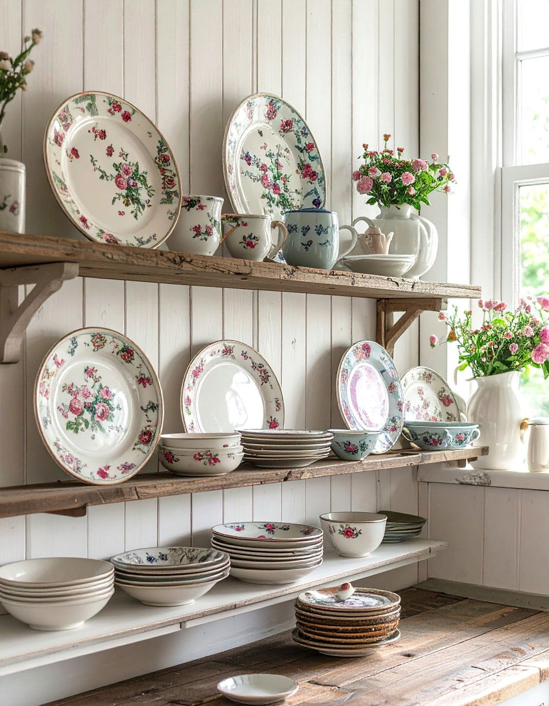 Open Shelving with Vintage China in a Shabby Chic Kitchen - 15 Charming Shabby Chic Kitchen Ideas for Vintage Style