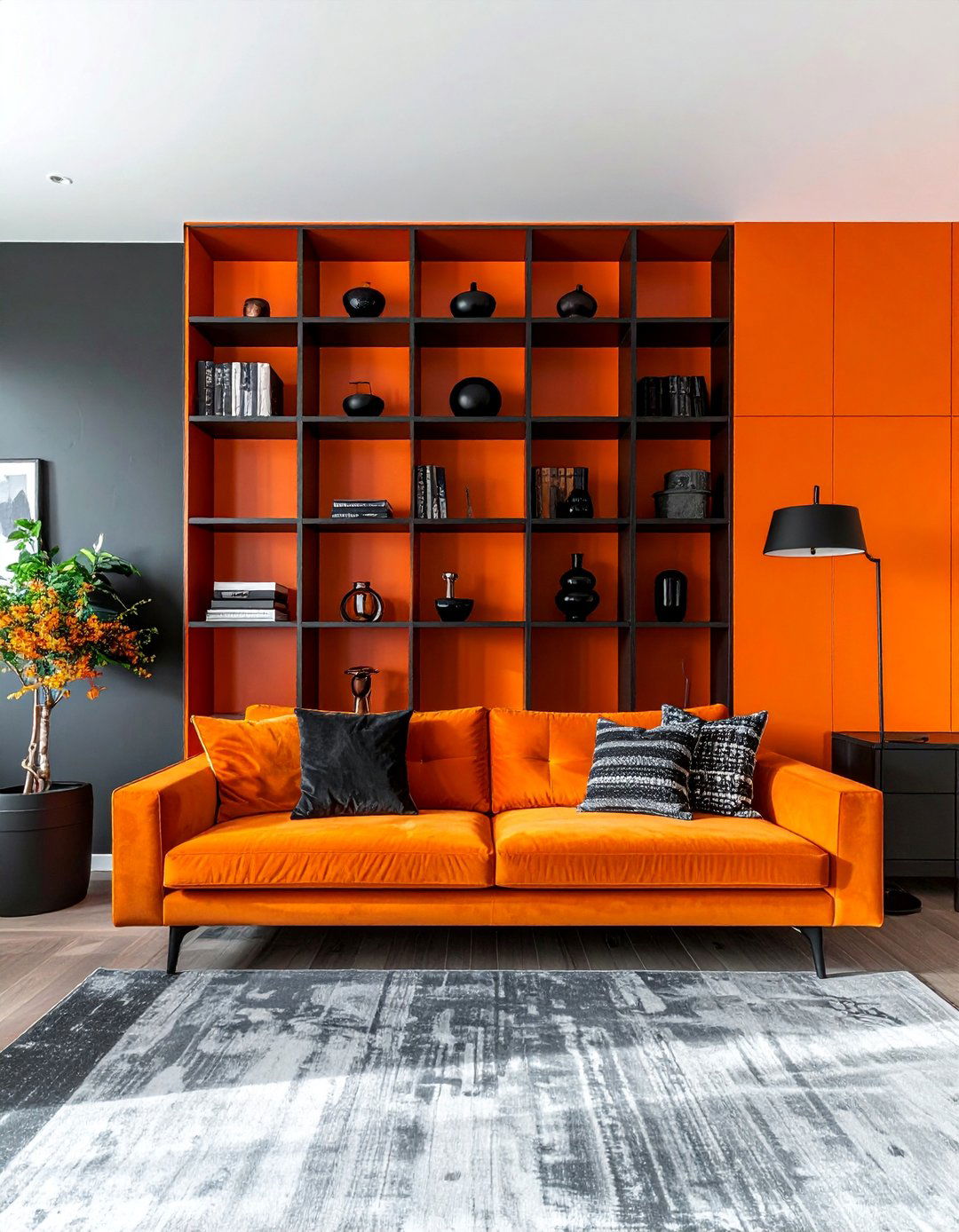 Orange Bookshelves in a Black and Orange Living Room - 20 Black and Orange Living Room Ideas for Bold Interiors
