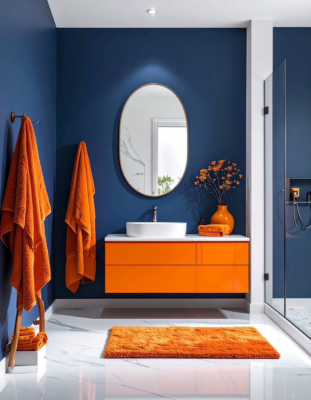 Orange and Navy Blue Bathroom Contrast - 15 Orange Bathroom Ideas for a Vibrant Makeover