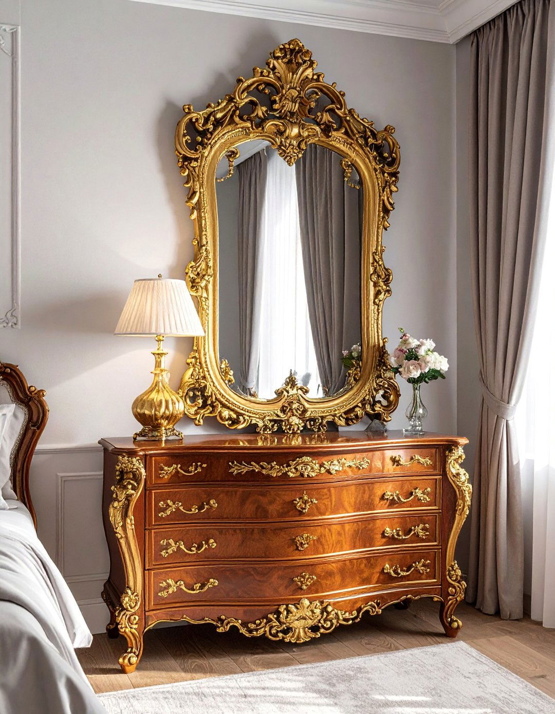Ornate Baroque Mirror Grandeur - 20 Mirror Over Dresser Ideas to Elevate Your Bedroom