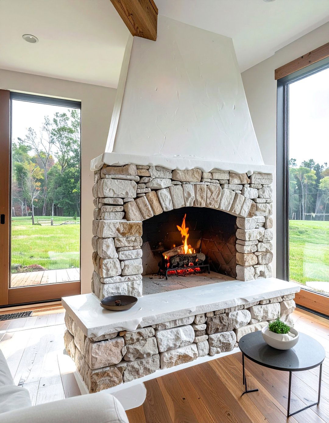 Over Grouted Stacked Stone Fireplace for an Old World Feel - 25 Stunning Stacked Stone Fireplace Design Ideas