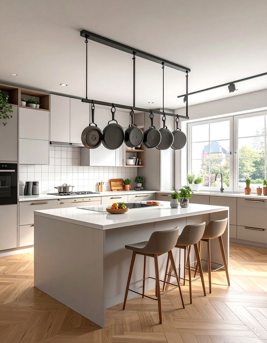Overhead Pot Hanging Systems - 40 Small Kitchen Storage Ideas to Maximize Your Space