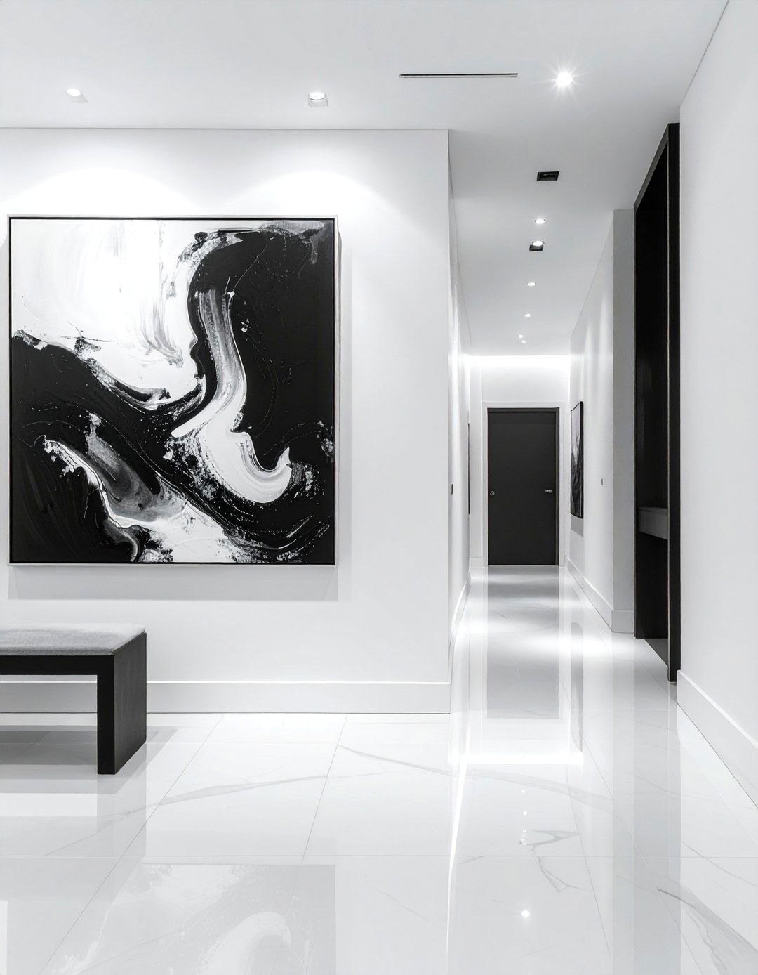 Oversized Abstract Monochrome Canvas Art - 20 Black and White Hallway Ideas for a Modern Look
