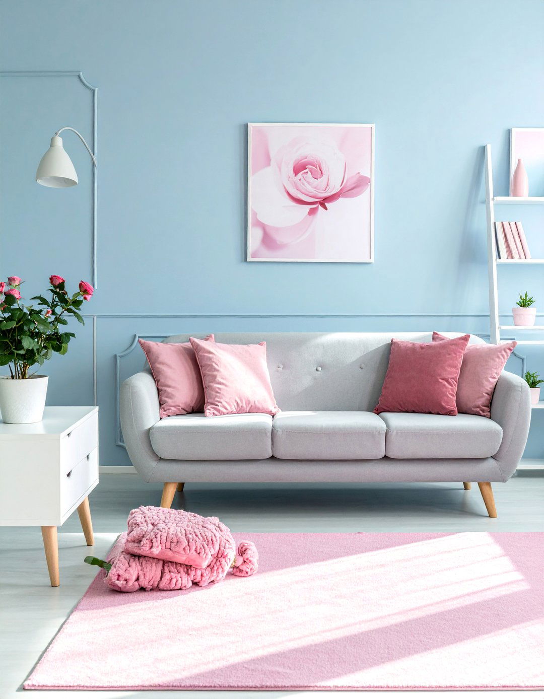 Pastel Blue Living Room with Rose Pink Accents - 15 Pink and Blue Living Room Ideas for a Cozy Vibe