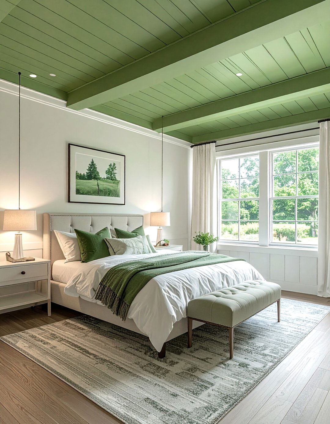 Pea Green Tongue and Groove Ceiling Panelling - 20 Green Panelling Bedroom Ideas for a Fresh Look