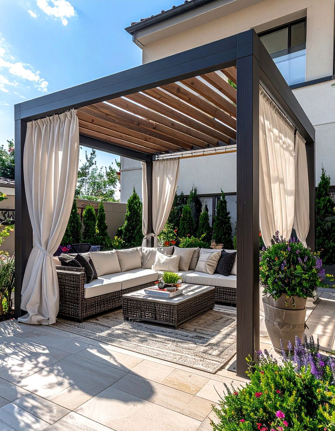 Pergola with Privacy Screens and Curtains - 40 Patio With a Pergola Ideas for Outdoor Living Spaces