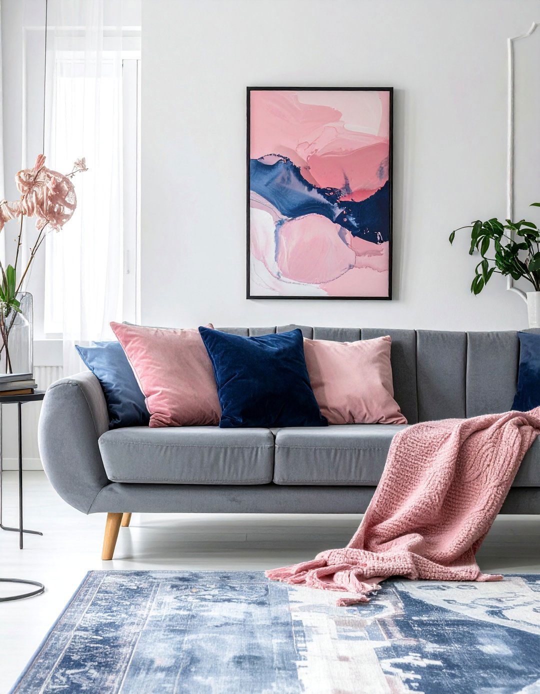 Pink and Blue Living Room Grounded by Grey Neutrals - 15 Pink and Blue Living Room Ideas for a Cozy Vibe