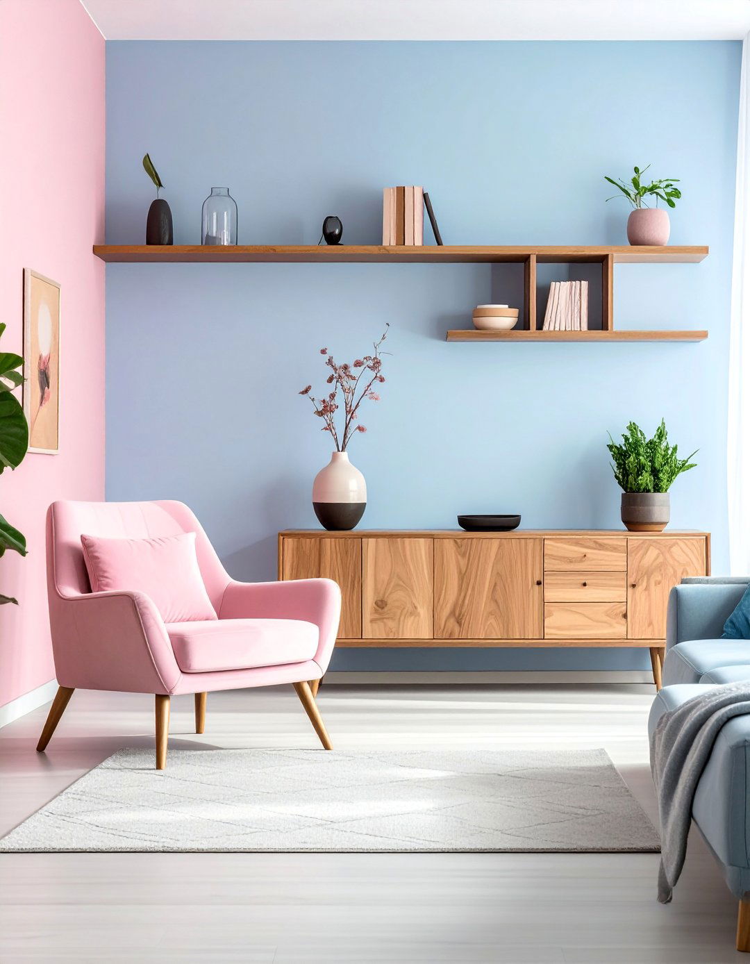 Pink and Blue Living Room Paired with Natural Wood Tones - 15 Pink and Blue Living Room Ideas for a Cozy Vibe