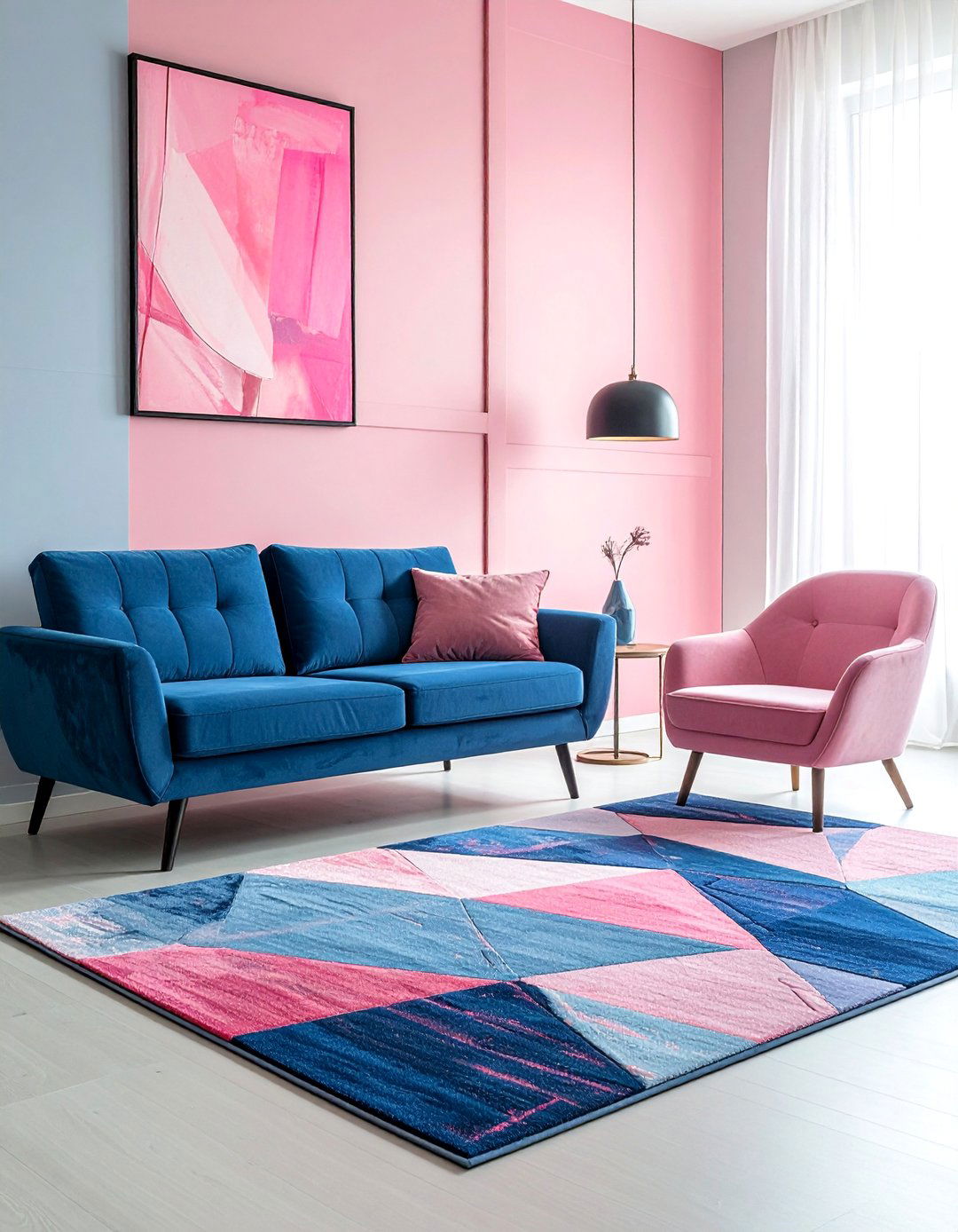 Pink and Blue Living Room with Geometric Area Rugs - 15 Pink and Blue Living Room Ideas for a Cozy Vibe