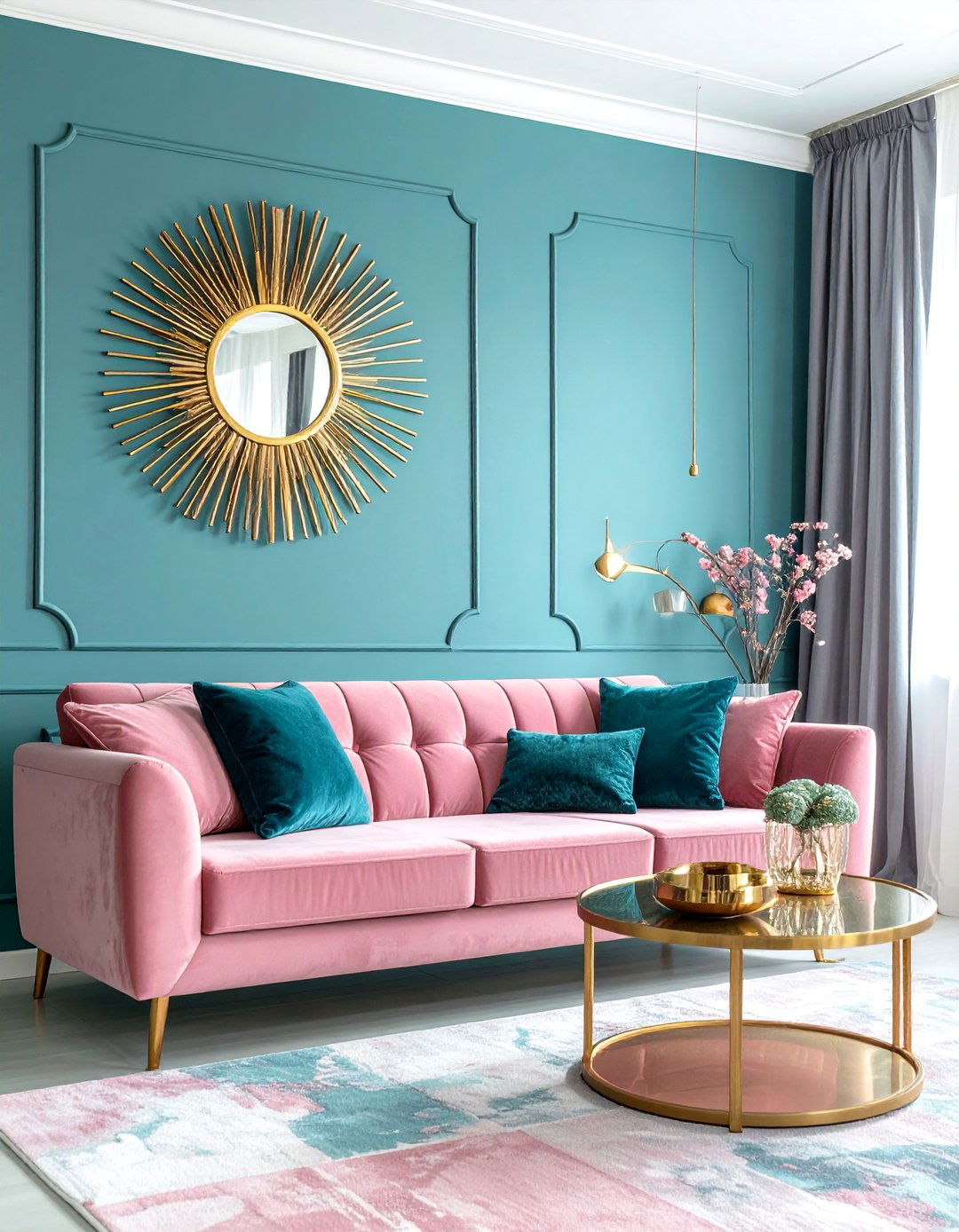 Pink and Blue Living Room with Gold Metallic Details - 15 Pink and Blue Living Room Ideas for a Cozy Vibe