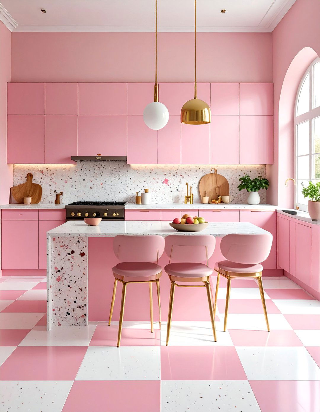 Pink and White Terrazzo Checkered Floors - 25 Kitchens With Checkered Floors for Timeless Style