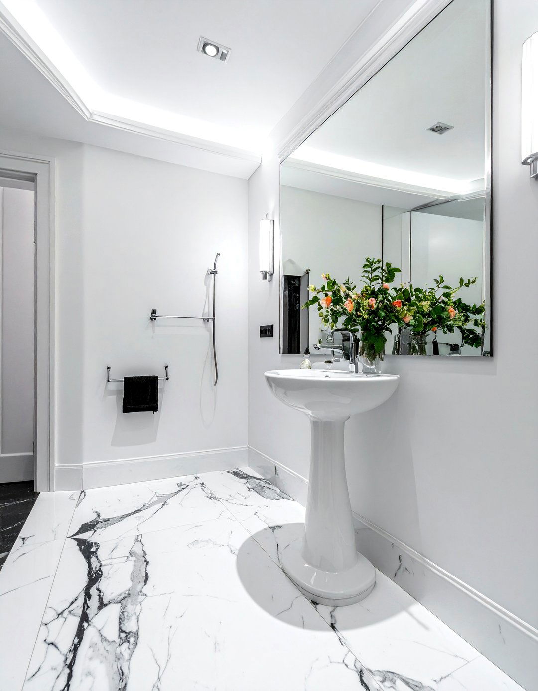 Polished Black Marble Bathroom Floor - 20 Black Floor Bathroom Ideas with White Walls