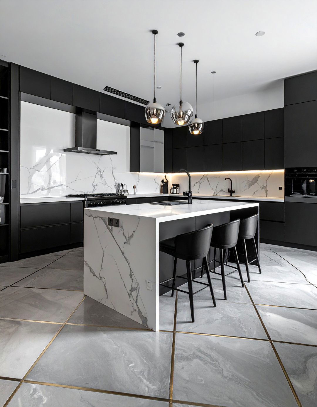 Polished Concrete Checkered Floors with Brass Inlays - 25 Kitchens With Checkered Floors for Timeless Style