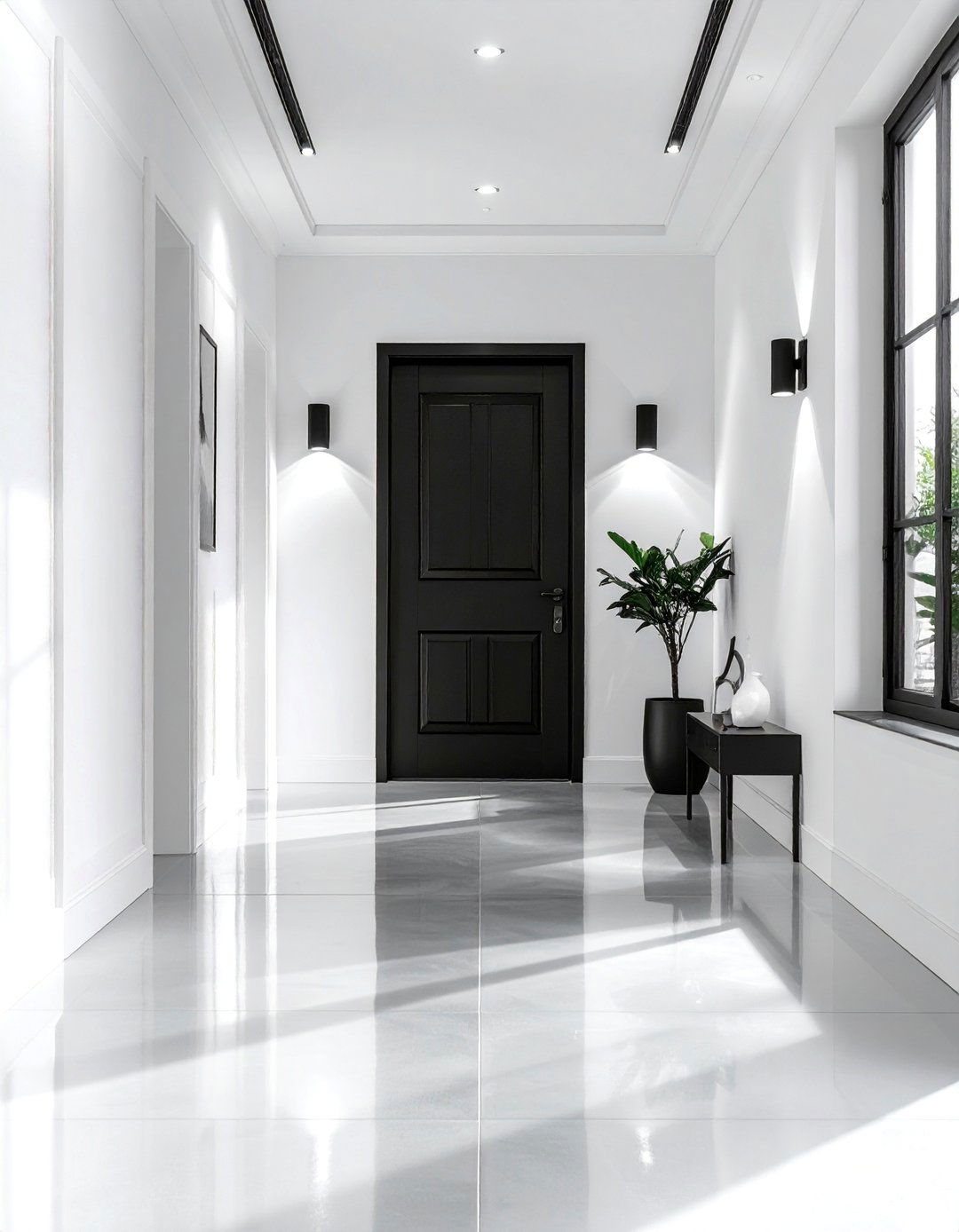 Polished Concrete Floors with Black Accents - 20 Black and White Hallway Ideas for a Modern Look