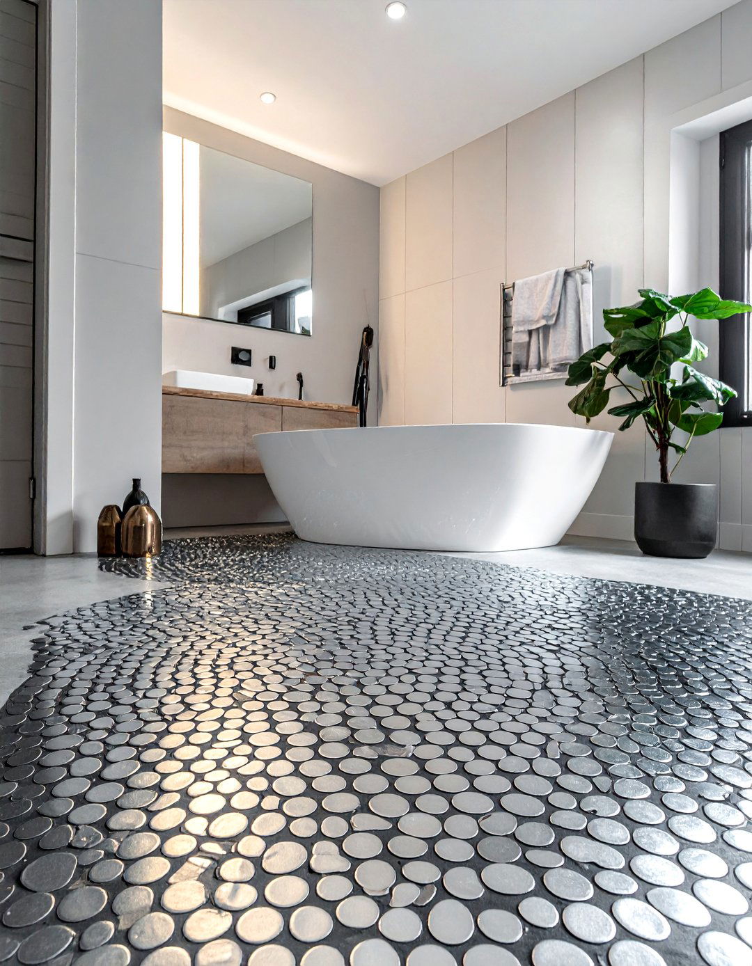 Polished Nickel Penny Round Floor - 20 Bathroom Mosaic Floor Tile Ideas for a Stunning Look