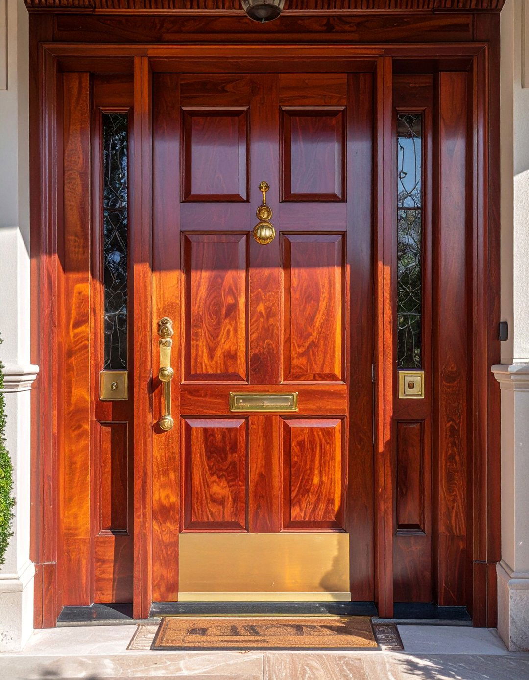 Polished Rosewood Stained Front Door with Brass Accents - 25 Elegant Stained Front Door Ideas for Curb Appeal