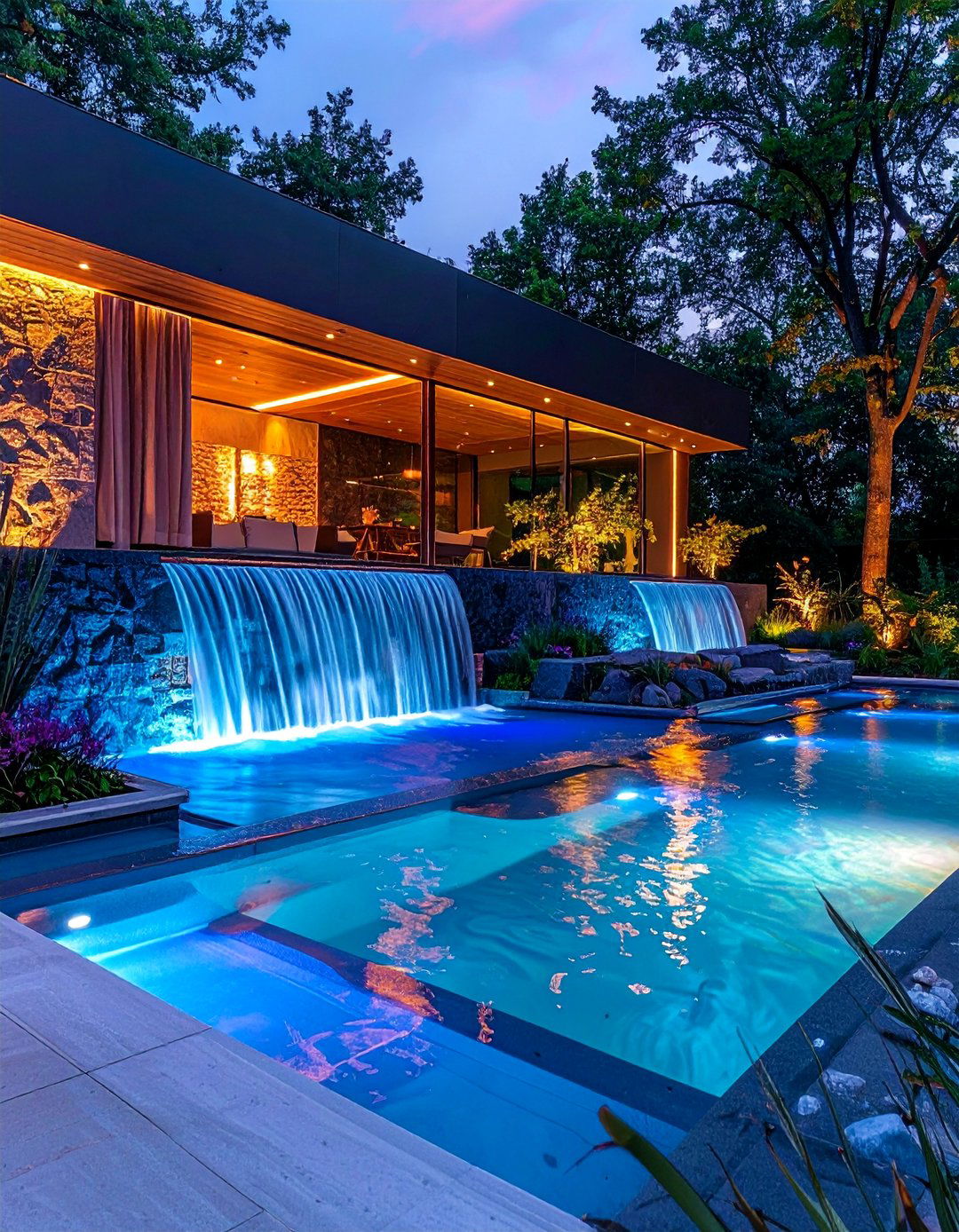 Pool with Artistic Water Walls and Sculptural Elements - 40 Swimming Pool Ideas for a Refreshing Backyard Oasis