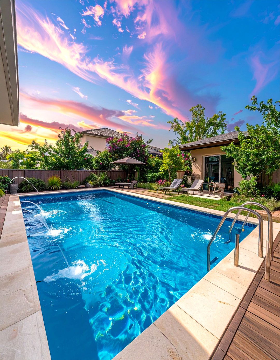 Pool with Deck Jets and Fountain Features - 40 Swimming Pool Ideas for a Refreshing Backyard Oasis