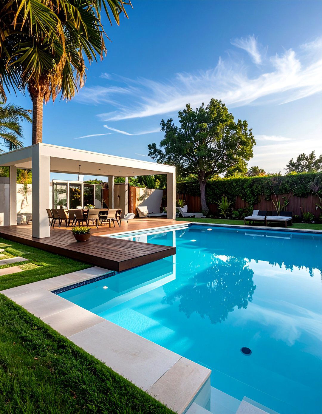 Pool with Floating Deck and Platform Features - 40 Swimming Pool Ideas for a Refreshing Backyard Oasis