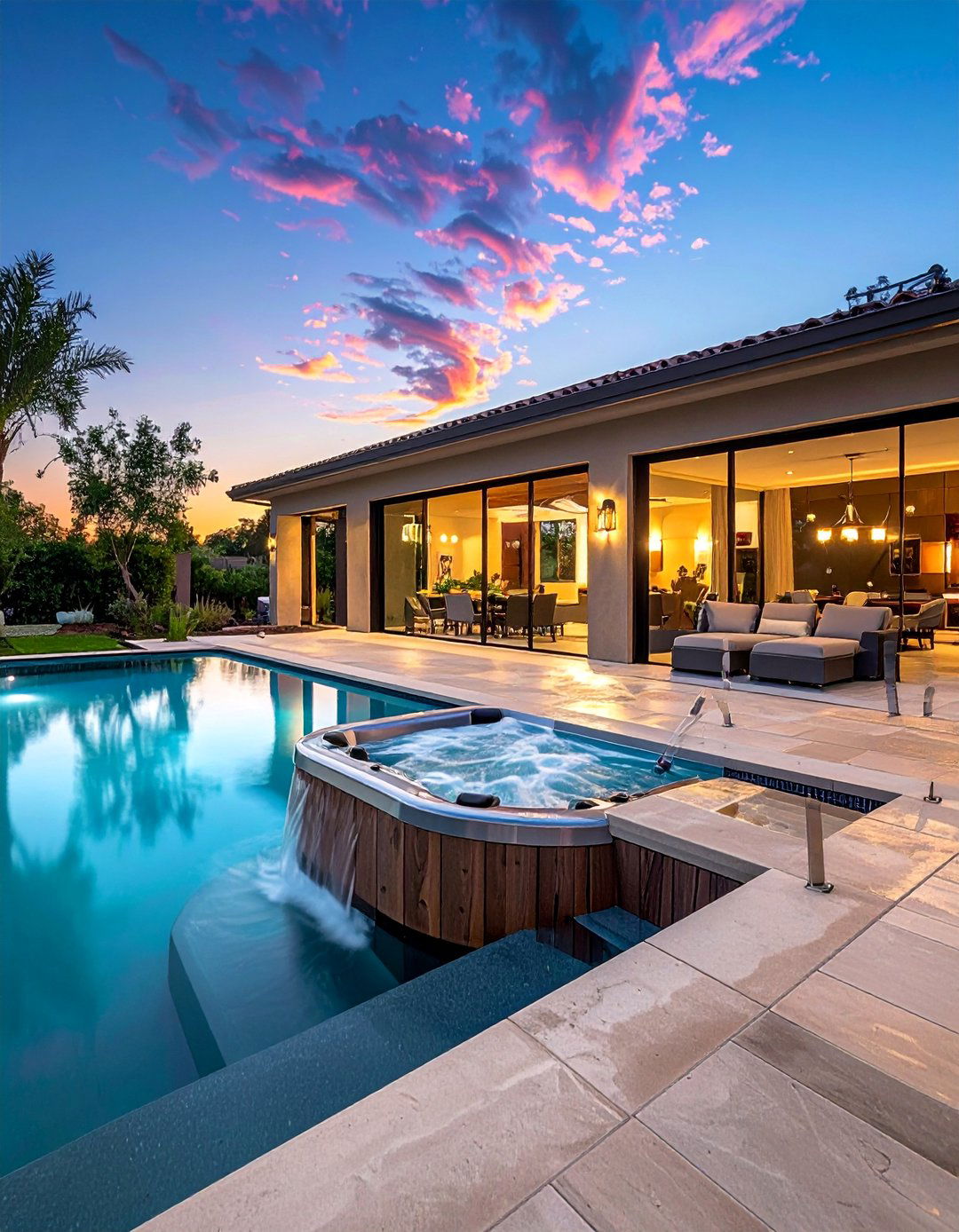 Pool with Hot Tub Connection and Spillover - 40 Swimming Pool Ideas for a Refreshing Backyard Oasis