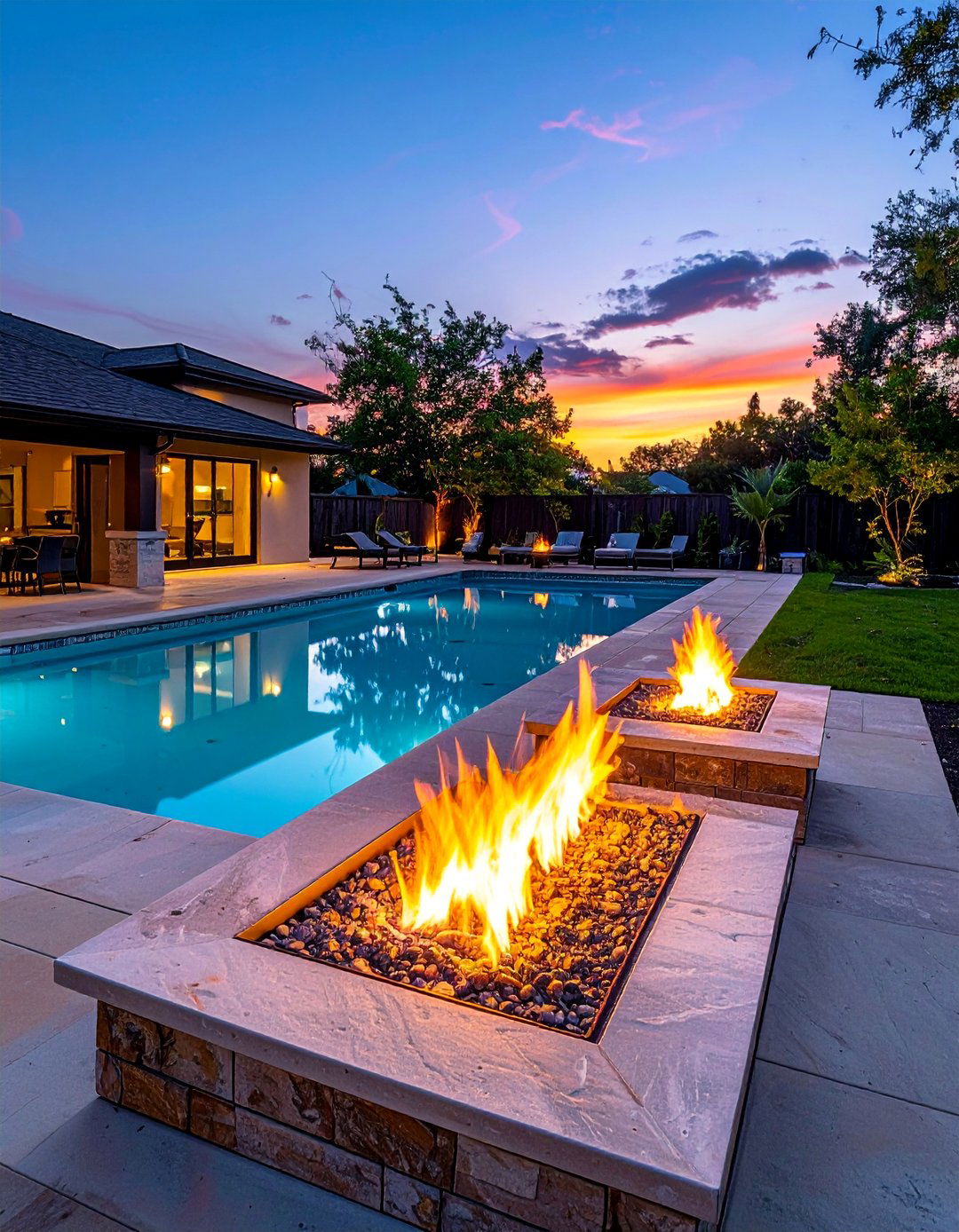 Pool with Integrated Fire Features - 40 Swimming Pool Ideas for a Refreshing Backyard Oasis