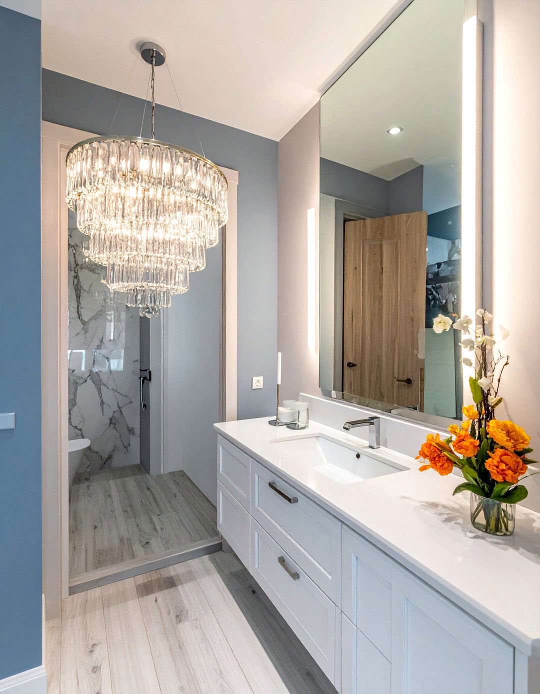 Powder Room Featuring a Crystal Chandelier - 20 Luxury Powder Room Ideas for a Chic Space