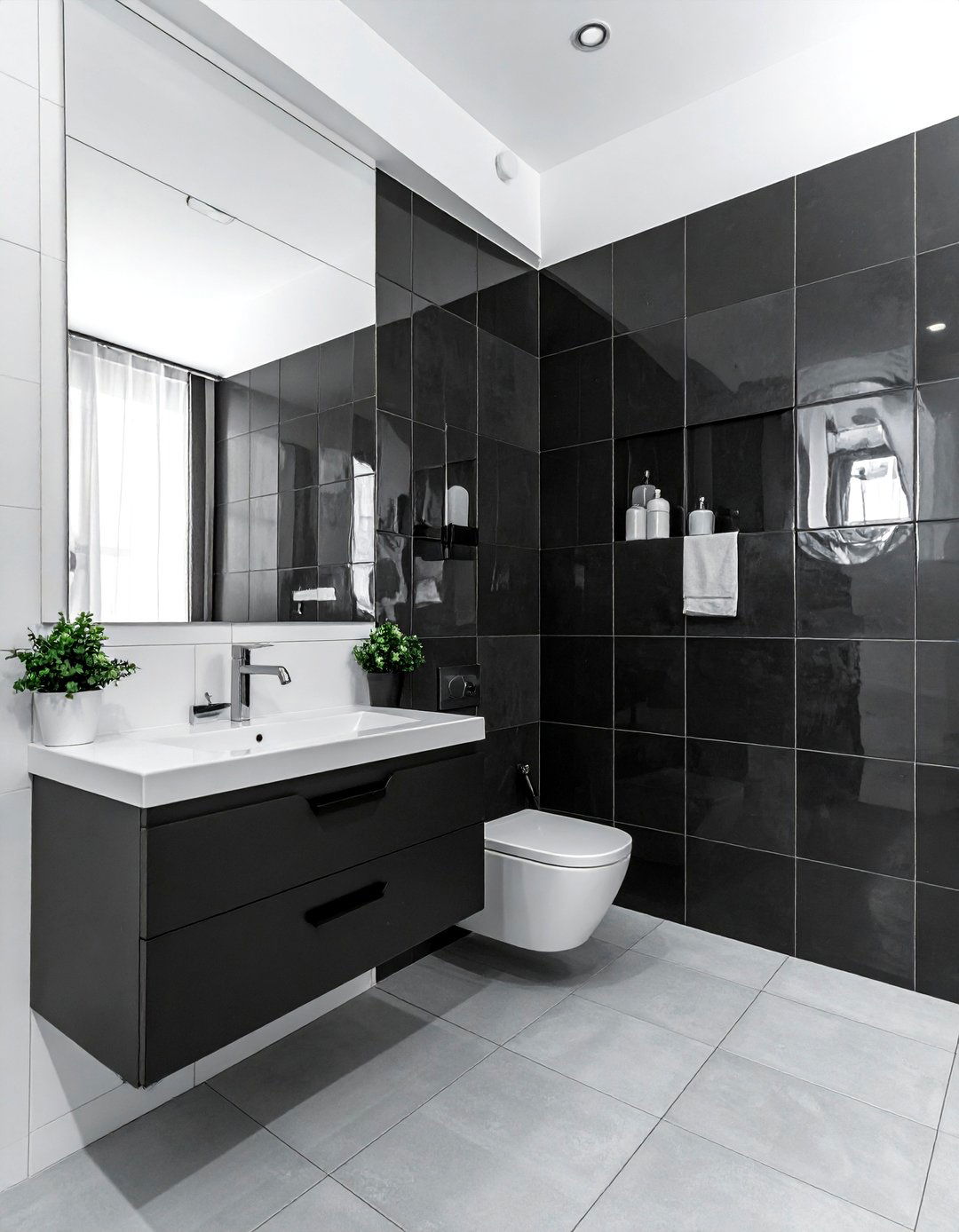 Random Asymmetrical Black and White Bathroom Tile - 20 Black and White Bathroom Tile Ideas for a Sleek Look