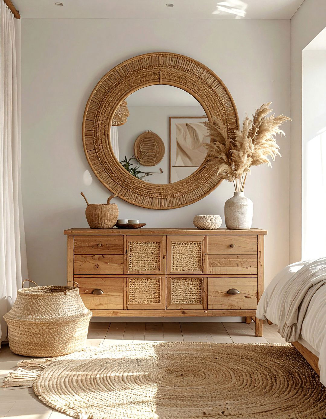 Rattan and Natural Fiber Mirror - 20 Mirror Over Dresser Ideas to Elevate Your Bedroom