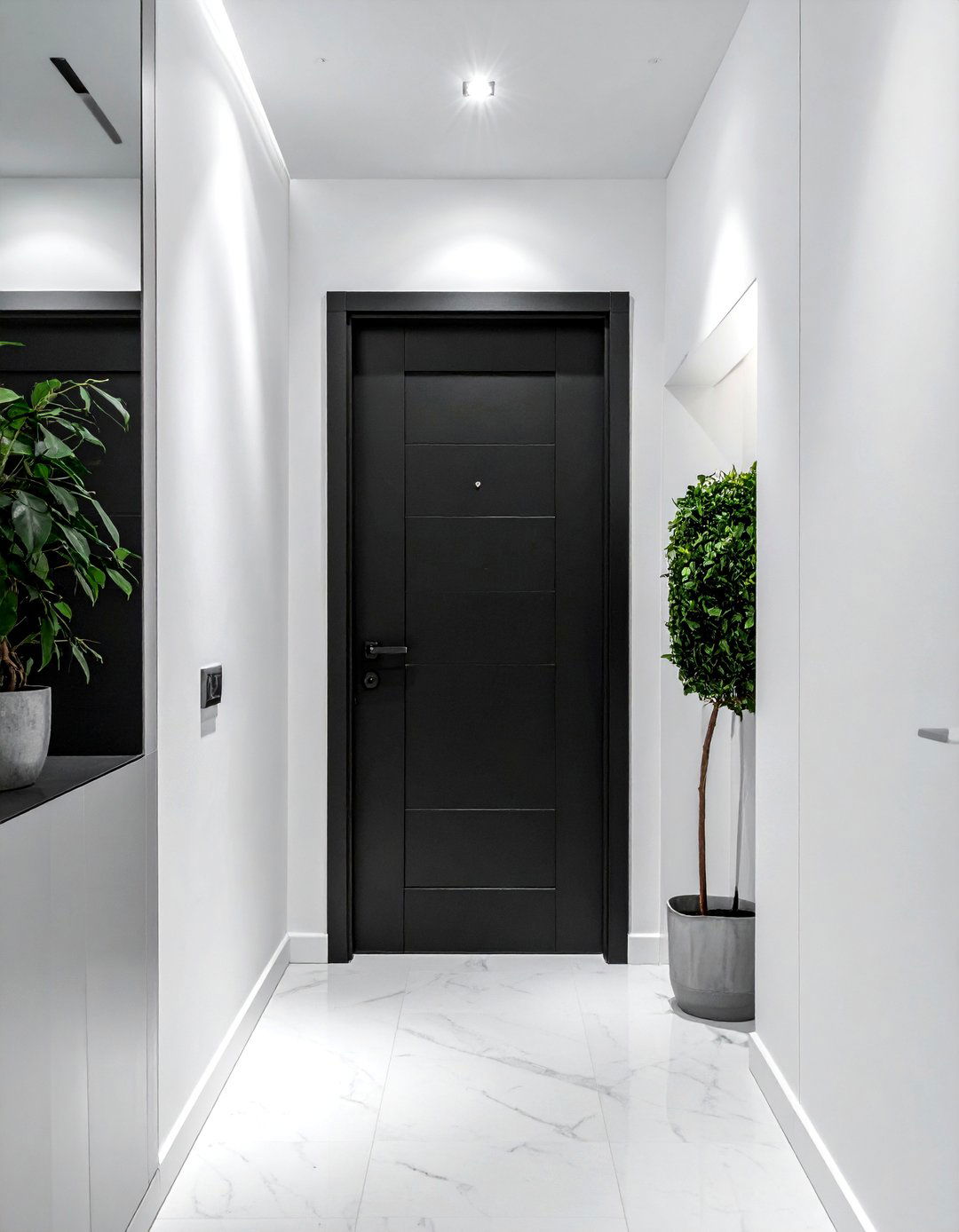 Recessed Lighting Highlighting Black Architectural Details - 20 Black and White Hallway Ideas for a Modern Look