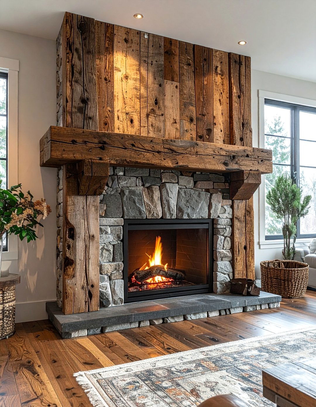 Reclaimed Barn Beam Mantels - 20 Wood Fireplace Mantel Ideas for a Cozy and Rustic Ambiance