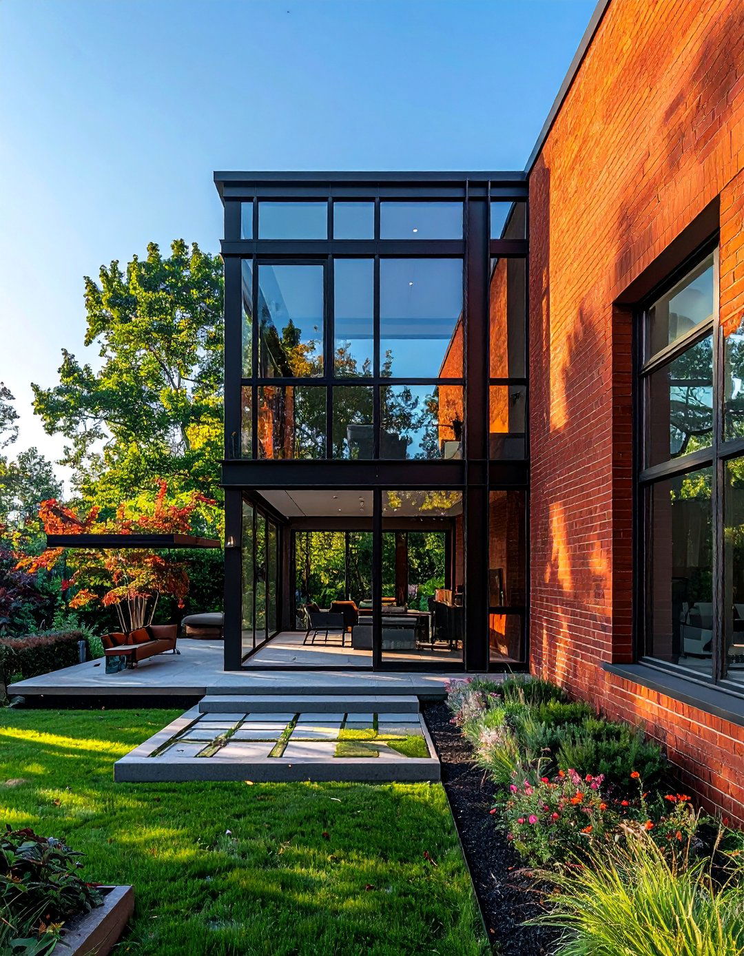 Red Brick Exterior with Large Contemporary Windows - 30 Red Brick Exterior Home Ideas for a Classic Appeal