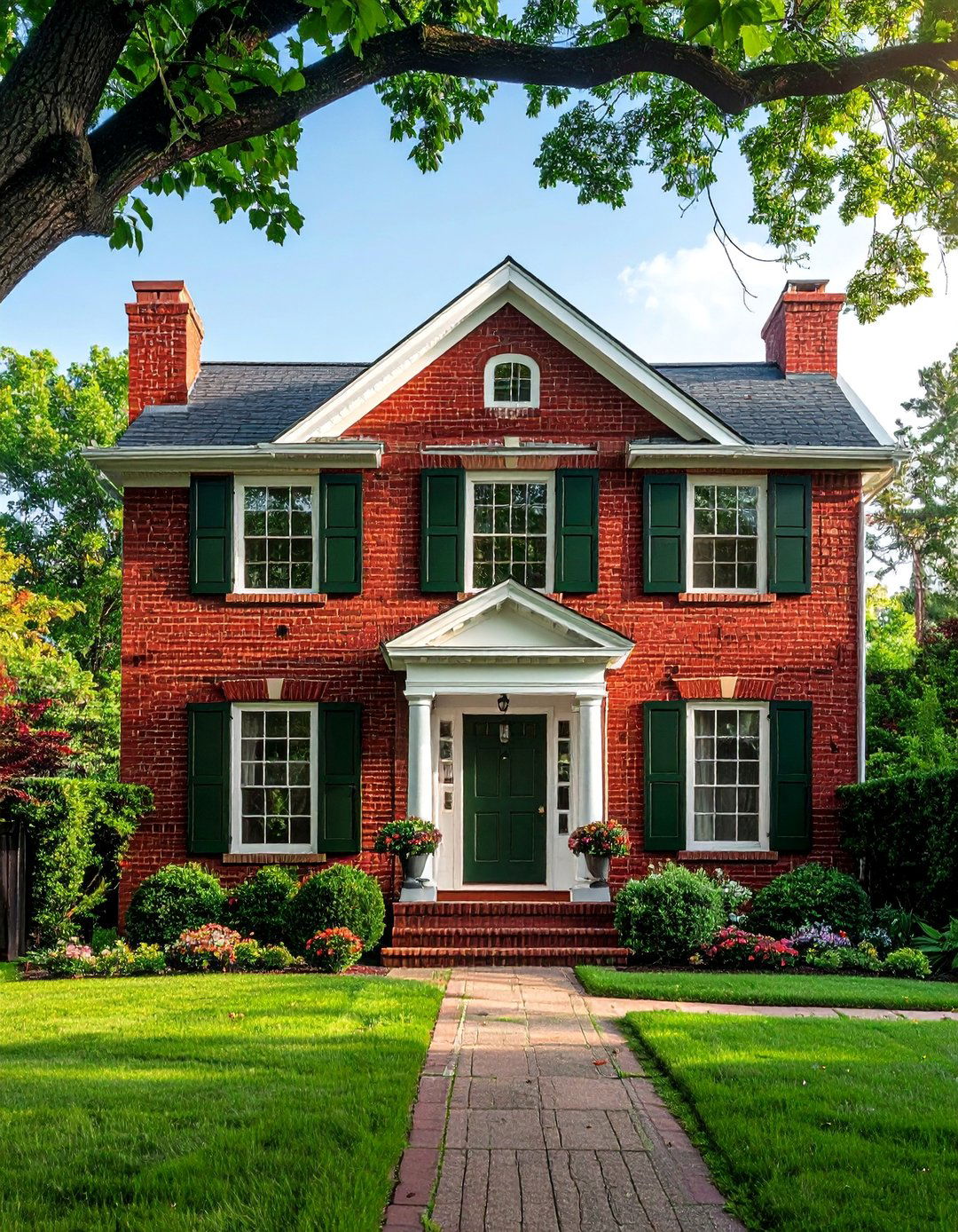 Red Brick Paired with Dark Green Shutters - 30 Red Brick Exterior Home Ideas for a Classic Appeal